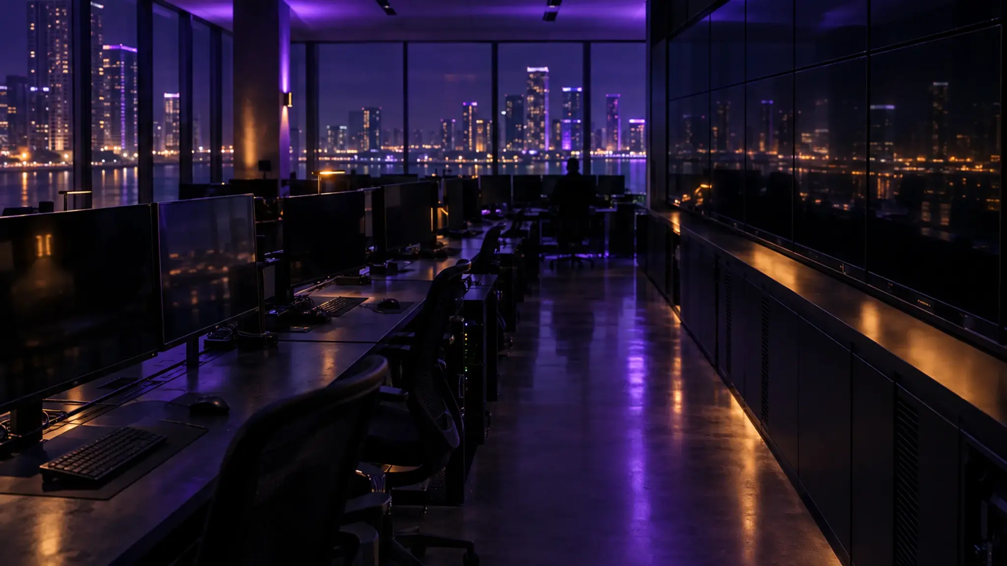 Illustrative: security operations floor at night above Biscayne Bay