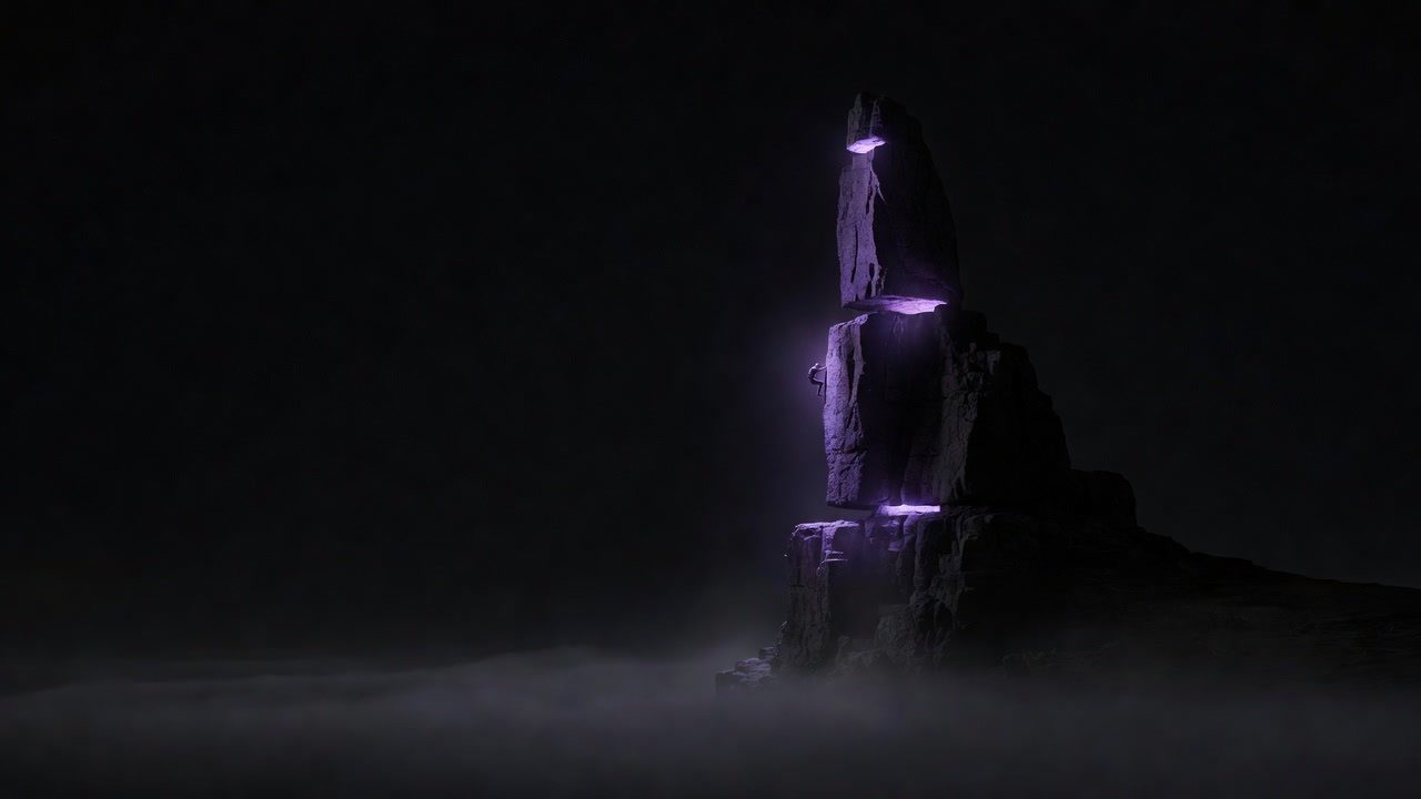 A dark monolith with three illuminated seams rising to its summit