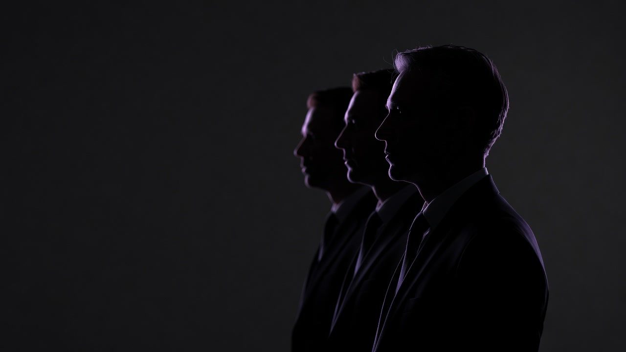 Three rim-lit profiles in shadow at a command bench