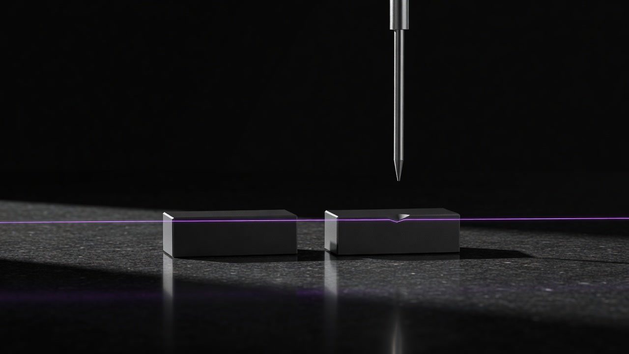 Two brushed-steel blocks split by a violet pulse line beneath a suspended needle